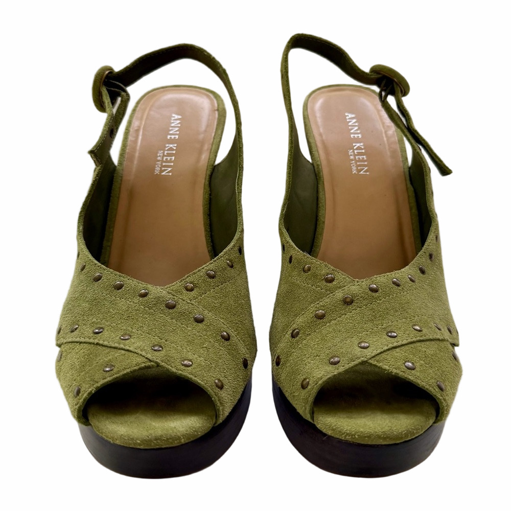 Vintage Anne Klein NY Suede Size 10 Olive Green Studded Wedge High Heel Sandals - Picture 3 of 15